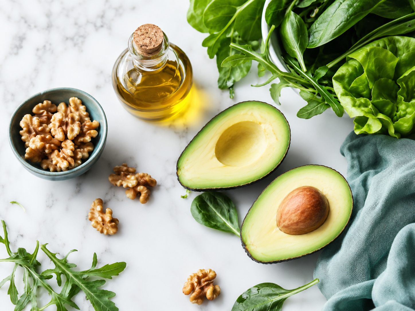 Aguacate, nueces y aceite de oliva sobre superficie blanca representando los alimentos típicos de una dieta cetogénica