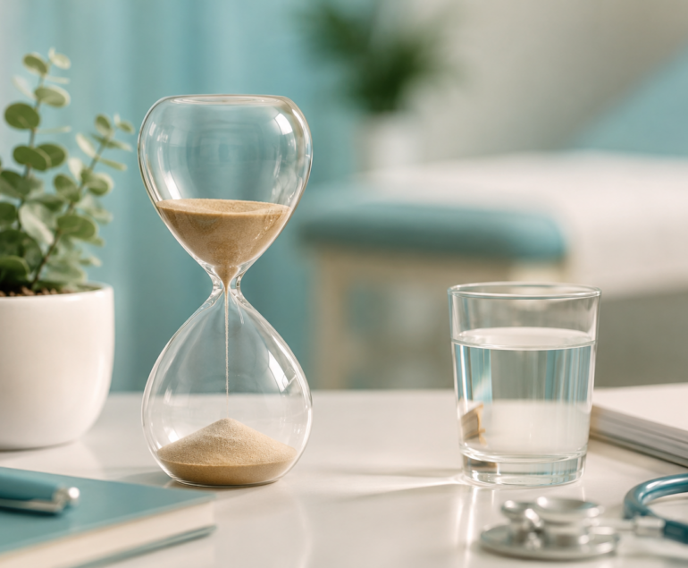 Reloj de arena sobre escritorio clínico blanco simbolizando el estrés crónico y el cortisol alto