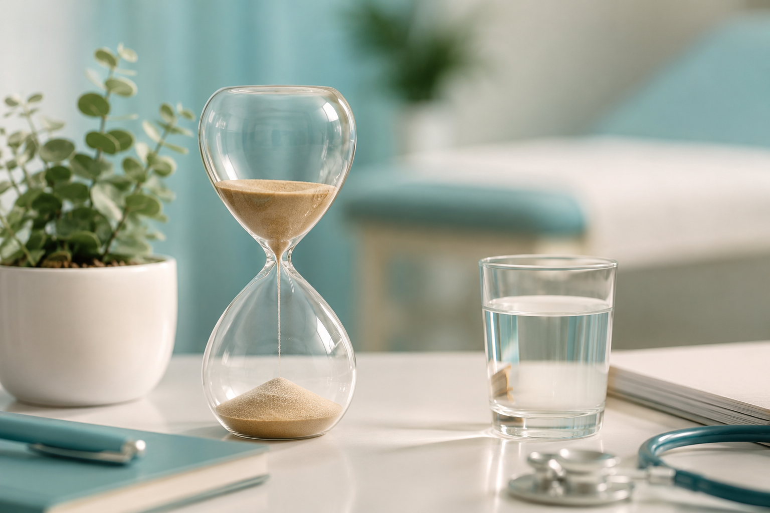 Reloj de arena sobre escritorio clínico blanco simbolizando el estrés crónico y el cortisol alto